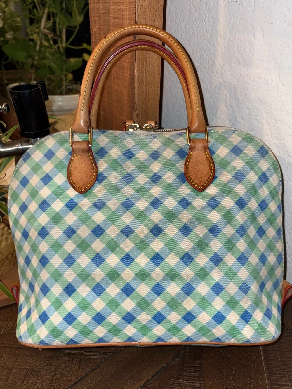 Dooney & Bourke Blue Green Gingham Coated Canvas Dome Satchel - Picture 4 of 13